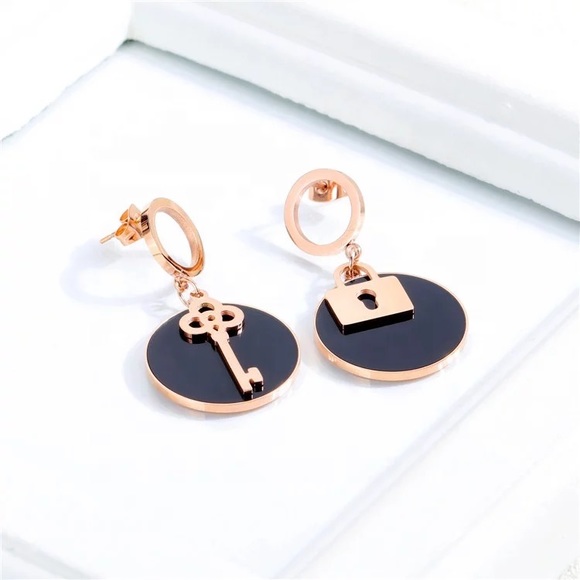 3/$30 Rose Gold Plated Lock & Key Dangle Earrings - Picture 3 of 6